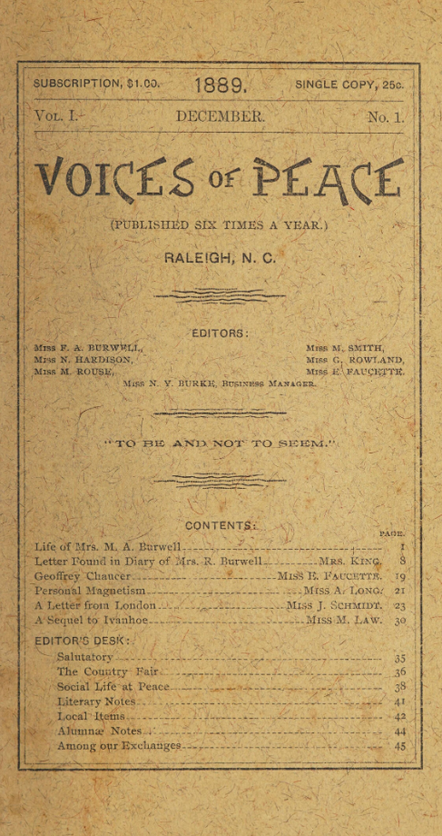 The cover of the 1889 December issue of Voices of Peace.