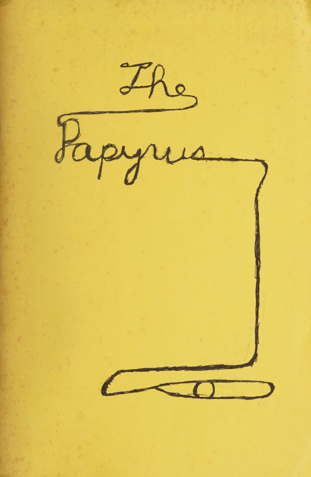 A yellow magazine cover featuring scrawled writing that says "The Papyrus". A simple drawn pen is featured below the title.