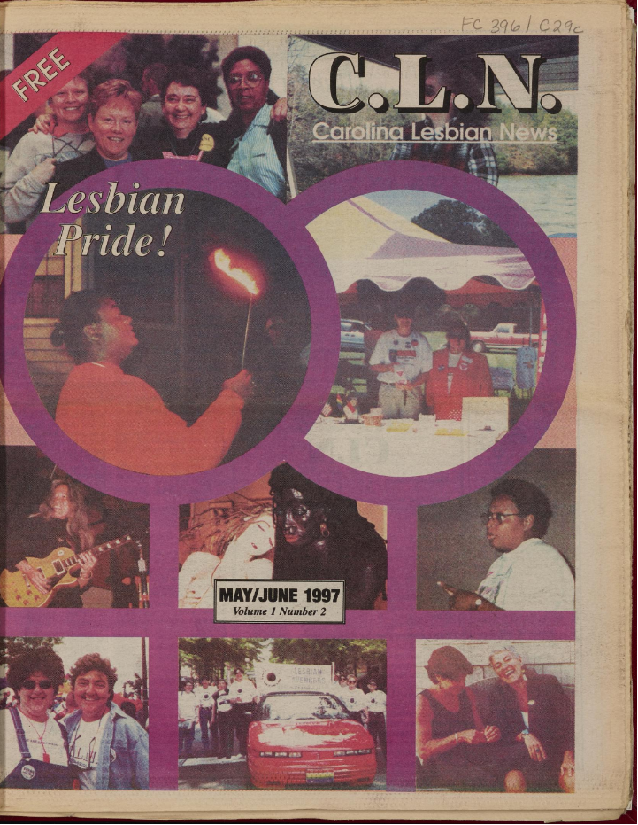 The cover of the Carolina Lesbian News' May/June 1997 issue, featuring a collage of photos. The photos are predominantly of people, with one photo of a car and one photo of two statues.