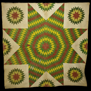 Quilt: red, green, yellow calico pieces. Star Pattern White backing which has been quilted in floral patterns. Hand stitched. Made by Elizabeth Vincent Berry, wife of architect John Berry. HHS newsletter, No. 23, 1965.