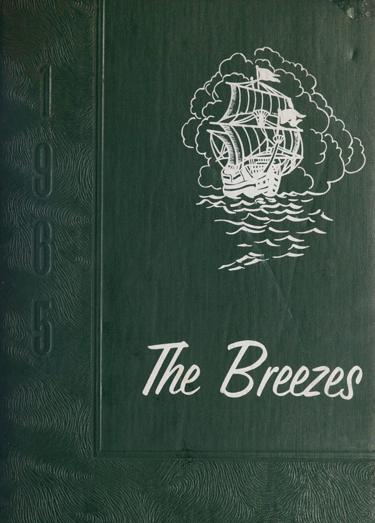 The cover of The Breezes [1965]. This image shows a dark green cover, featuring "1965" embossed down the left side and "The Breezes" written in white text across the bottom half of the cover. The rest of the cover features a ship at sea that is illustrated in white.