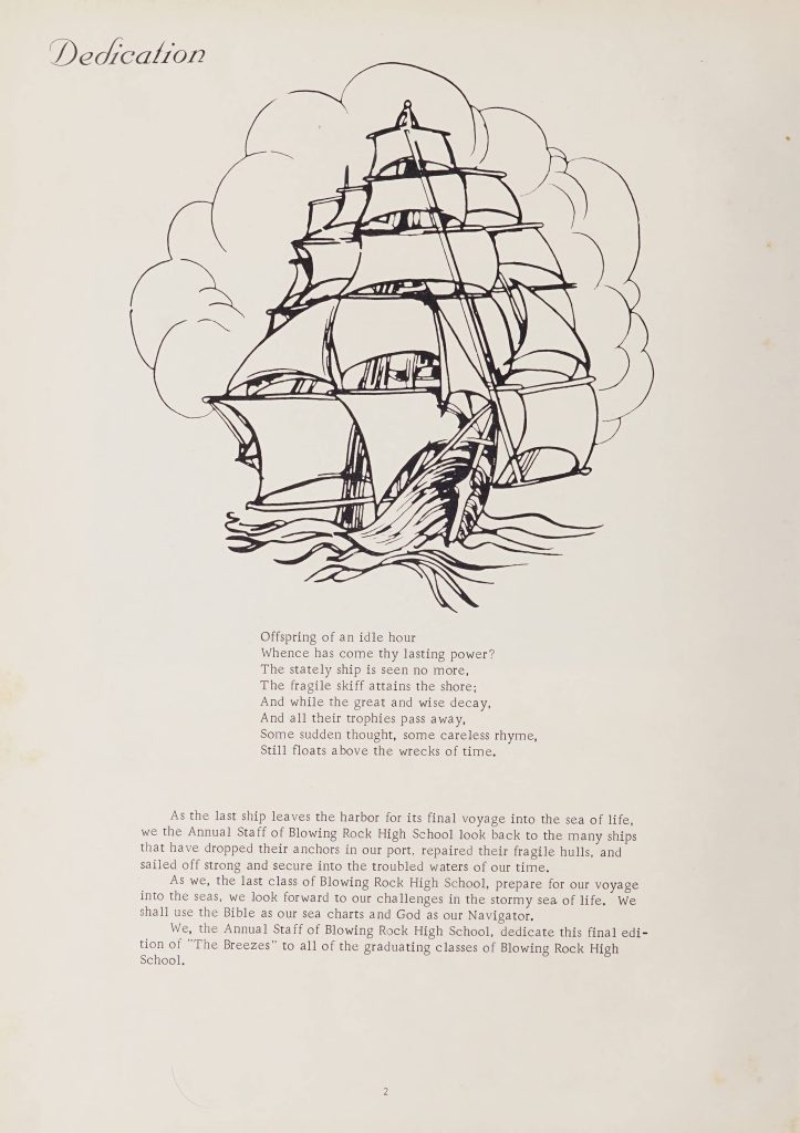A dedication page in The Breezes [1965], which features a large black-and-white illustration of a ship at sea.