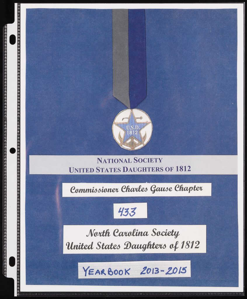 A blue page with the dates and number of the Commissioner Charles Gause Chapter. A blue ribbon and seal decorate the top of the page