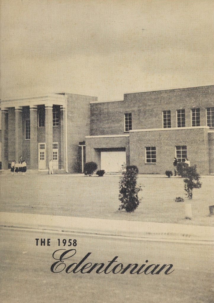 Front cover of the Edentonian [1958]. The title "The 1958 Edentonian" is written in black font near the bottom of this yearbook cover. This text is written over a black-and-white image of a high school brick building, which serves as the background for the entire cover.