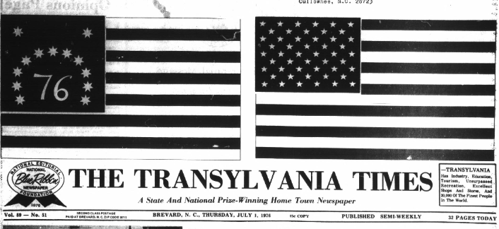 Image of two American flags, one from 1776 and one from 1976, on the cover of the July 1, 1976 edition of The Transylvania Times. 