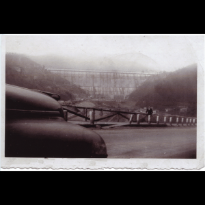 Hood of a car visible in the foreground corner of the photo. Adult stands at the side of the road leaning on a wooden fence with the dam and reservoir in the background.