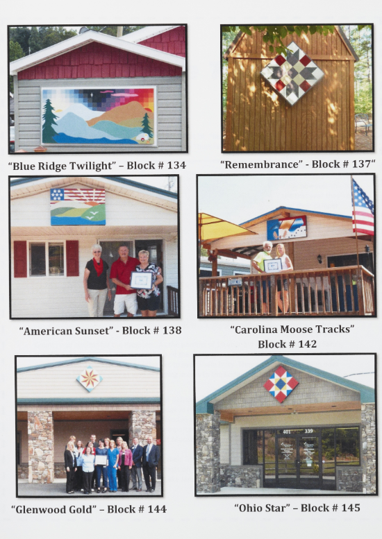 A picture of a page from the booklet "Stories Behind the Quilt Blocks of McDowell County". This page features six pictures of six different quilt blocks that adorn barns, garages, houses, and businesses in McDowell County. The quilt blocks and their names are captioned below each picture.