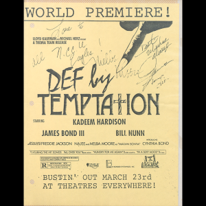 Scrapbook page with flyer advertisement on yellow paper for Def by Temptation movie. Flyer contains movie premier information “Bustin’ out March 23rd at theaters everywhere!” The flyer has autographs from Melba Moore and James Bond III. Melba’s message with her signature says “Love to all N.C.C.U. Eagles!” and Bond’s message states “Best wishes always!”