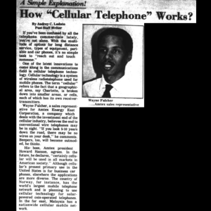 An excerpt from a newspaper article and photo of an interviewee, Wayne Fulcher. He has short, tight curly hair and is smiling while looking to the side of the camera for the photograph. He is wearing a white shirt and a dark tie, the photo is printed in black and white.