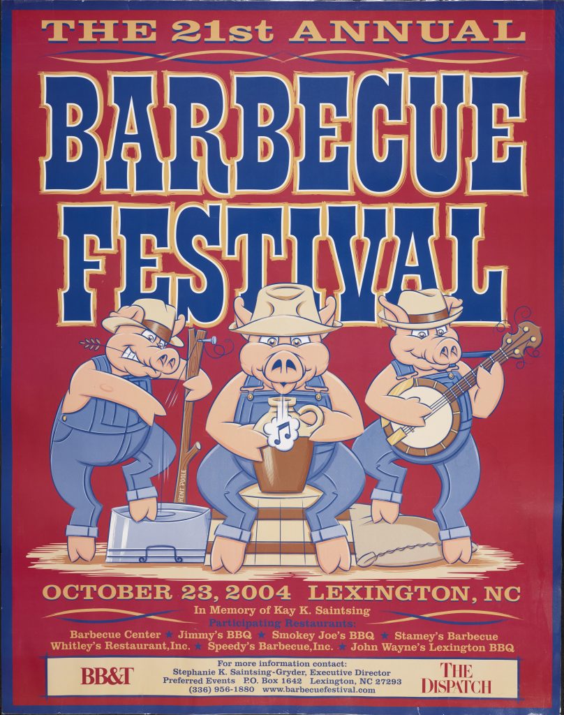 Three illustrated pigs dressed in hats and overalls play instruments in this poster for the 21st Annual Barbecue Festival.