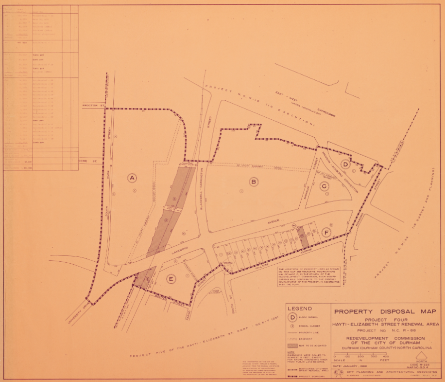 Property Disposal Map of the Hayti-Elizabeth Street Renewal Area. The map, printed on tan paper with black ink, contains a closeup illustration of several blocks around Lakewood Avenue. A legend and title area is in the bottom righthand corner.