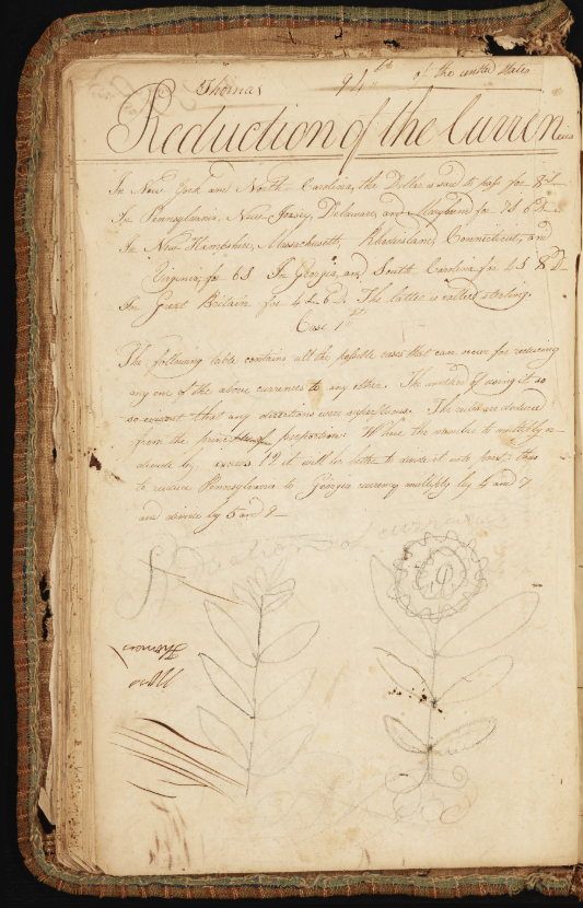 An image of an old lesson book page with a cursive heading that says "Reduction of the Currencies". The page is filled with a few paragraphs of notes followed by two drawings of flowers in the lower half of the page.