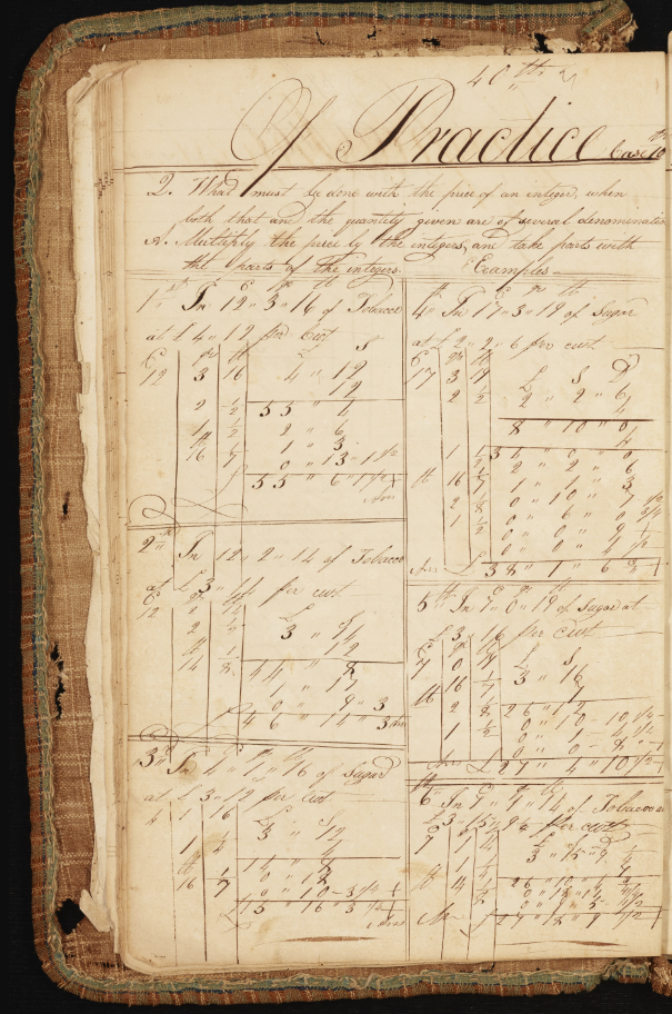 Left-hand page with the title "Of Practice" written in cursive. The page is filled with numbers and arithmetic charts.