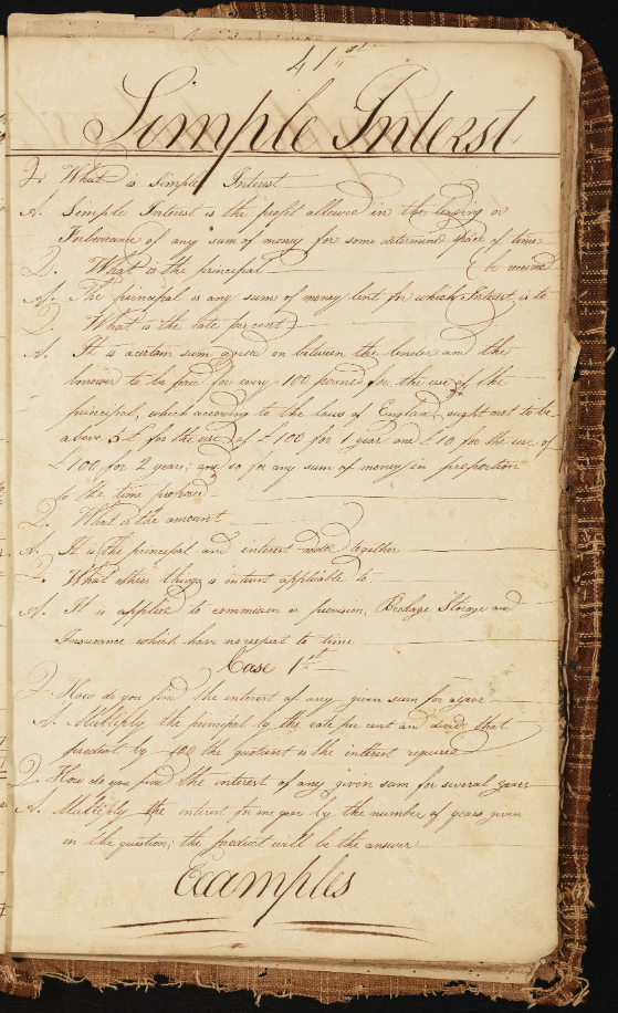 Right-hand page with the title "Simple Interest" scrawled in cursive. The page is filled with paragraphs of cursive notes.