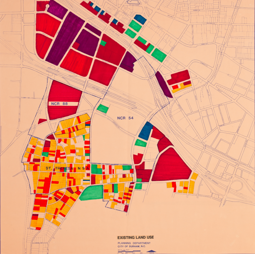 Urban renewal map of Durham titled "Existing Land Use". The tan map has areas labeled and colored in with markers to indicate current land use and zoning.