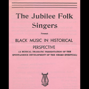 Performance program on pink paper with black ink. At the bottom of the page is an icon of a harp.