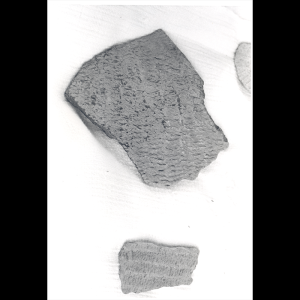 Black and white photo of two pottery fragments, one larger rectangular piece and a smaller rectangular piece. There is a waved texture to the pottery.