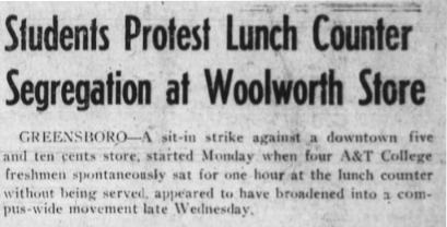 A newspaper article title about the student protests against segregation via lunch counter sit-ins in 1960. 