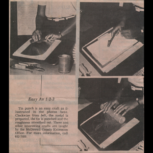 Excerpt from article saved in scrapbook. Shows three pictures: first is a person preparing a thin tin sheet, second is depicting them using a hammer-like tool to punch designs into the tin sheet, and the third is showing them rolling out the sheet to remove any rough or sharp edges from punching the tin. The bottom left contains text describing the process.