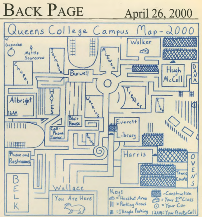 A hand-drawn map playfully depicting Queens University campus as a rat maze due to ongoing construction. A rat with a hardhat, meant to represent a student, is in a starting box labeled "You Are Here". A legend is featured in the bottom right-hand corner of the illustration.