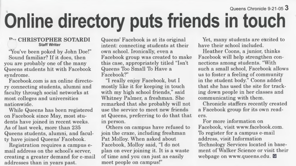 The title and a section of an article detailing the rise of Facebook on campus.