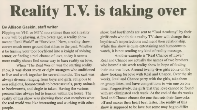 The title and a section of an article covering the rise of reality TV.
