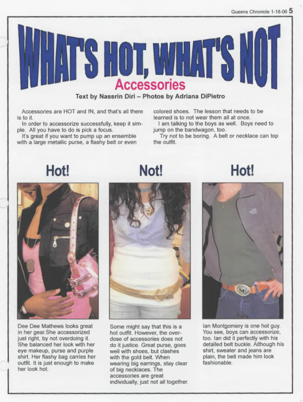 Fashion advice section titled "What's Hot, What's Not: Accessories" Two pictures labeled "Hot!" depict current trends while a third picture labeled "Not!" shows what is out-of-style.