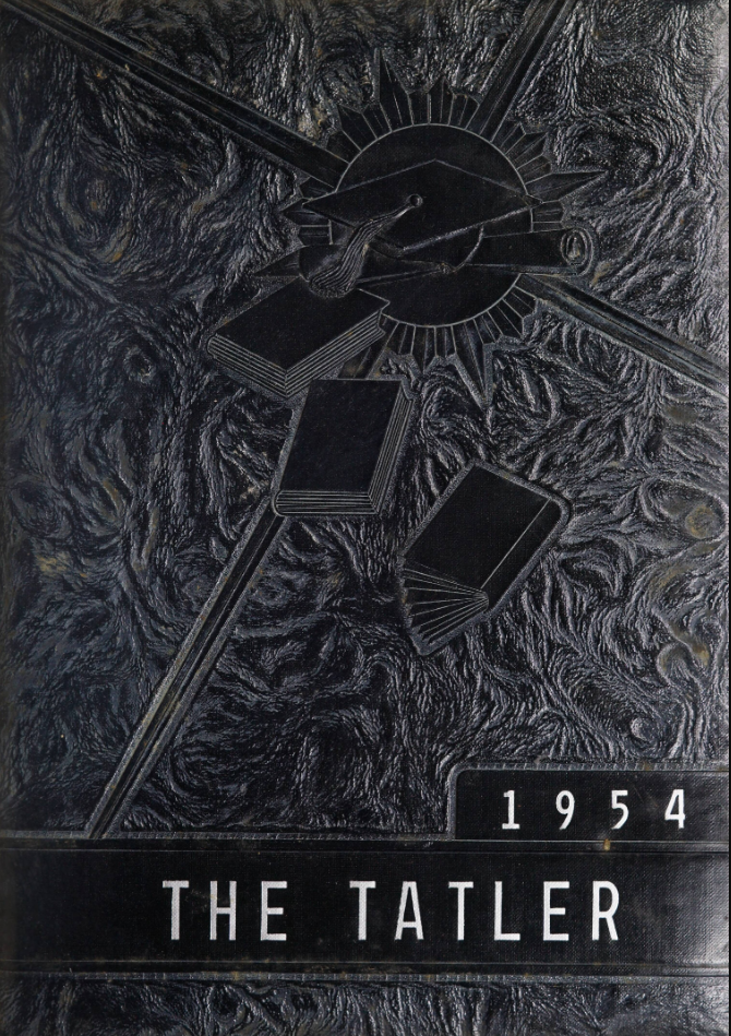 The cover of the The Tatler [1954]. This black yearbook cover features the title "THE TATLER" printed in white ink across the bottom. Directly above the title, the date "1954" is printed in white ink to the very right of the cover. A graduation cap and diploma, along with three books are embossed across the top half of the yearbook cover. 