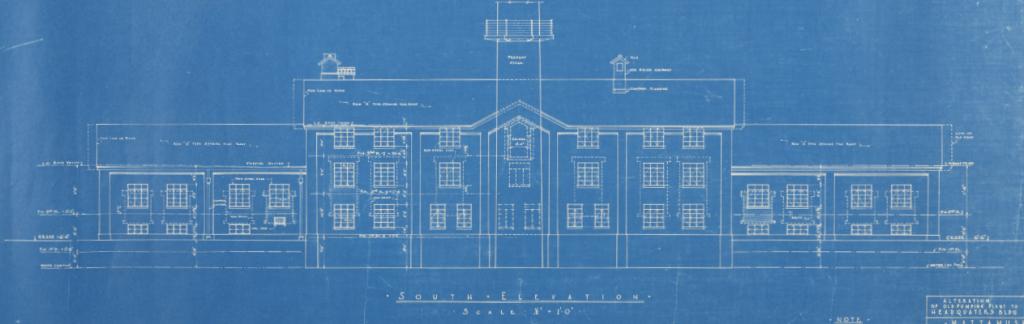 A blueprint featuring the southside view of Mattamuskeet Lodge, a former pumping plant converted into a lodge. The center of the lodge has three stories and is flanked on either side by two-story wings. An observation tower extends from the center of the rectangular building.