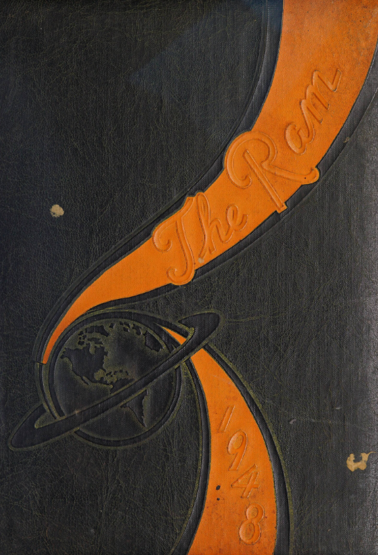 The cover of The Ram [1948]. The black yearbook cover features an embossed illustration of Planet Earth with two orange-colored spiral lines extending from it that say "The Ram" and "1948" in embossed text.