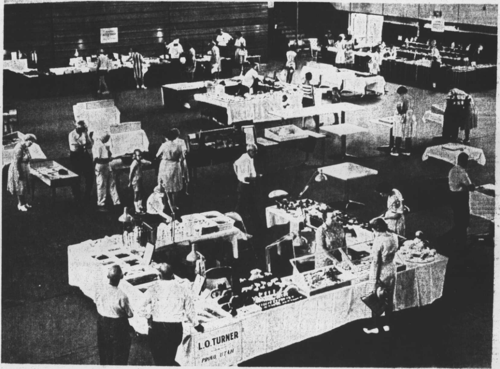 A crowded room full of tables and wandering people observing gemstones at the 1966 Macon County Gemboree