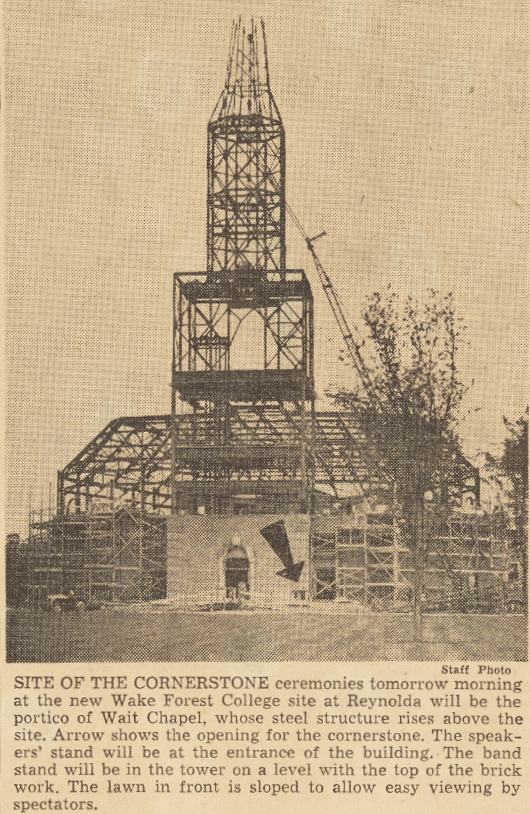 A photograph of the Wait Chapel under construction. The steel frame of Wait Chapel is pictured.