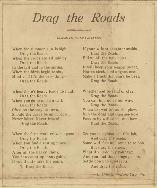 A poem entitled "Drag the Roads"