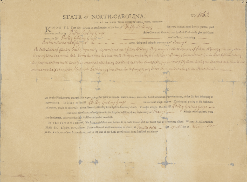North Carolina Land Grant (#1063) to Billey Gosling Gouge. The 18th-century document is organized like a form and includes printed text along with blank spaces filled in with handwritten text.