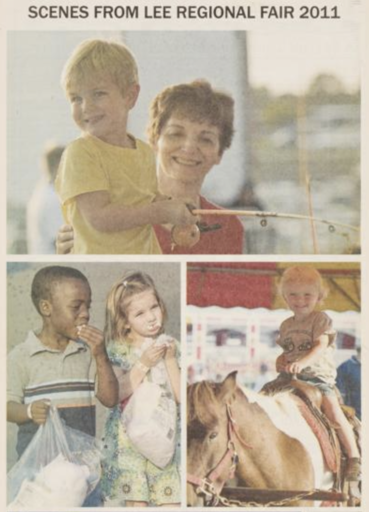 Clipping from the 2012 Lee Regional Fair program. The text at the top reads "Scenes from Lee Regional Fair 2011." The first image is of a mother and child fishing at one of the fair attractions. The second image is in the bottom left of two children eating cotton candy. The final image is in the bottom right of a small child riding a horse. 