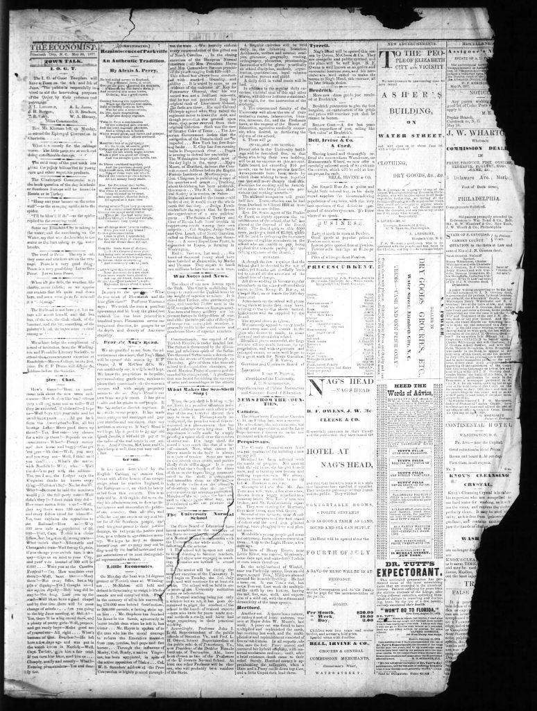 A microfilmed page of a newspaper. On the right side there are several large chunks missing.