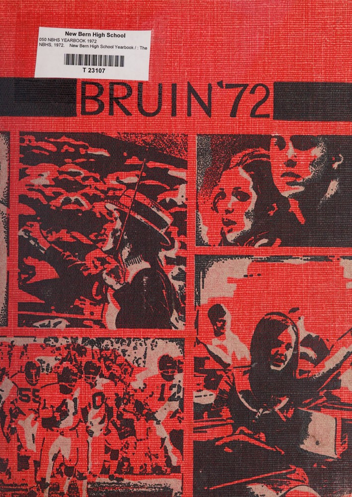 A dark red cover with the words "Bruin '72" in bold letters at the top. There are four photographs on the front: the top left is a conductor directing a choir of bruins; the top right is an image of two students, the one of the left has their jaw open in shock and the one on the right stares into the distance; the bottom left is an image of a football team running across the field; the bottom right image depicts students raising their hands in class.