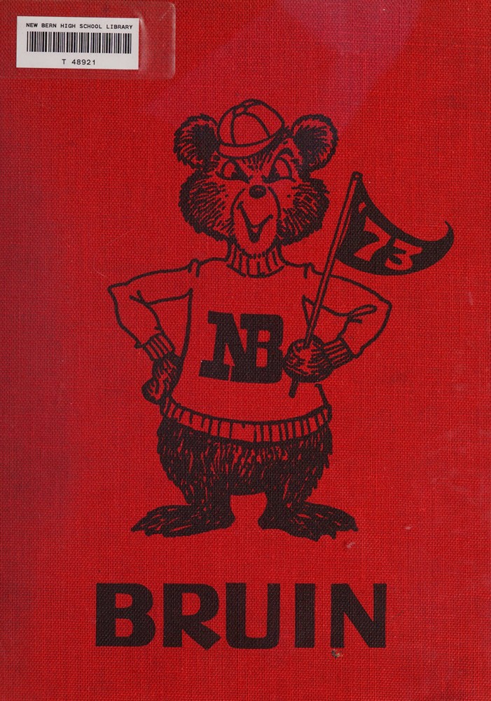 A dark red cover with a cartoon bruin in the center. The bruin stands with its hand on its hips and holding a pennant flag with the numbers "73" on it. The bruin is also wearing a small cap on its head and a long sleeve sweater with the letters "NB" on the front. The word "Bruin" is stamped on the cover in the center in black ink.