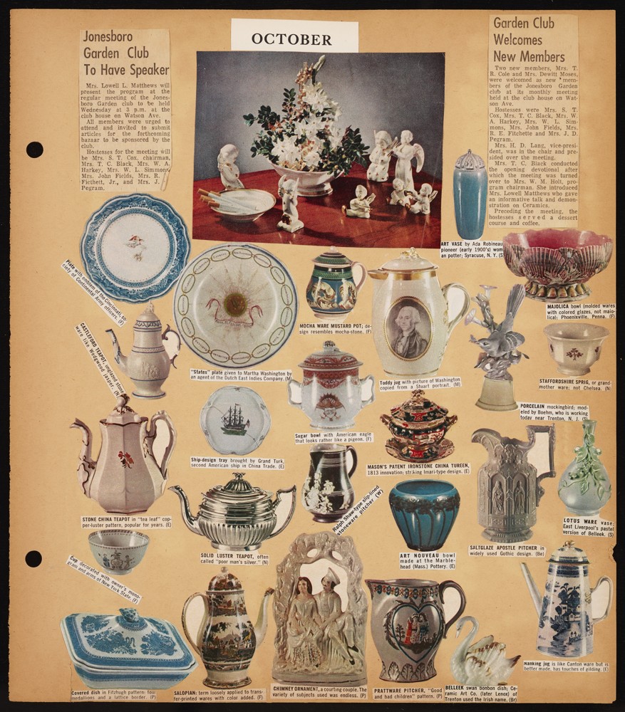 Page taken from the 1967-1968 scrapbook. It is a tan page with two newspaper clippings on the top left and right. There are mini cutouts of fine china across the rest of the page.