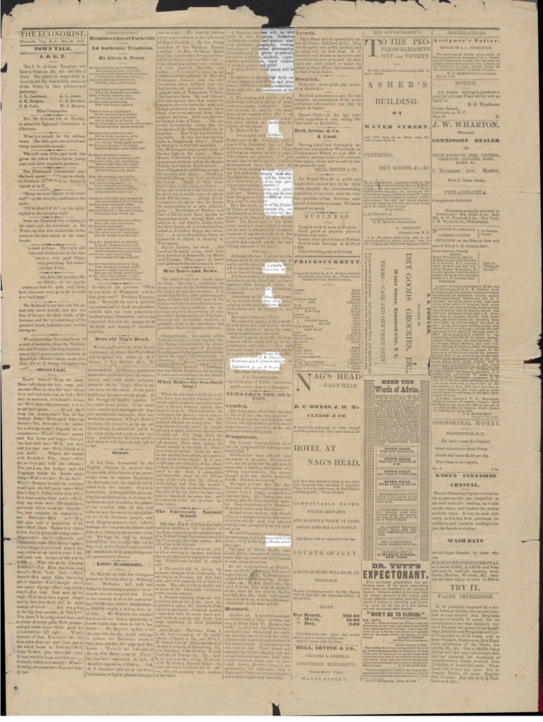 Scan of a physical newspaper page with microfilmed pieces inserted into spots that were previously holes in an effort to create a more complete version of the newspaper page.