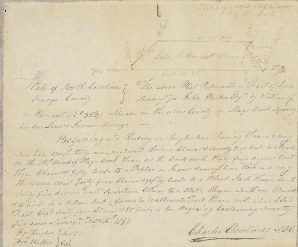 Land Survey for North Carolina Land Grant (No. 1321) to John Walker. The small 18-century document includes a handwritten land survey bottom half of the page. A drawn representation of the surveyed land is on the half of the document.