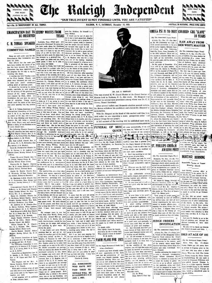 Front page of The Raleigh Independent's December 18, 1920 issue.
